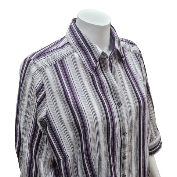 CANDA Women Purple Striped Oversized Shirt Sz Medium Crinkle Patchwork Pockets - Picture 3 of 10